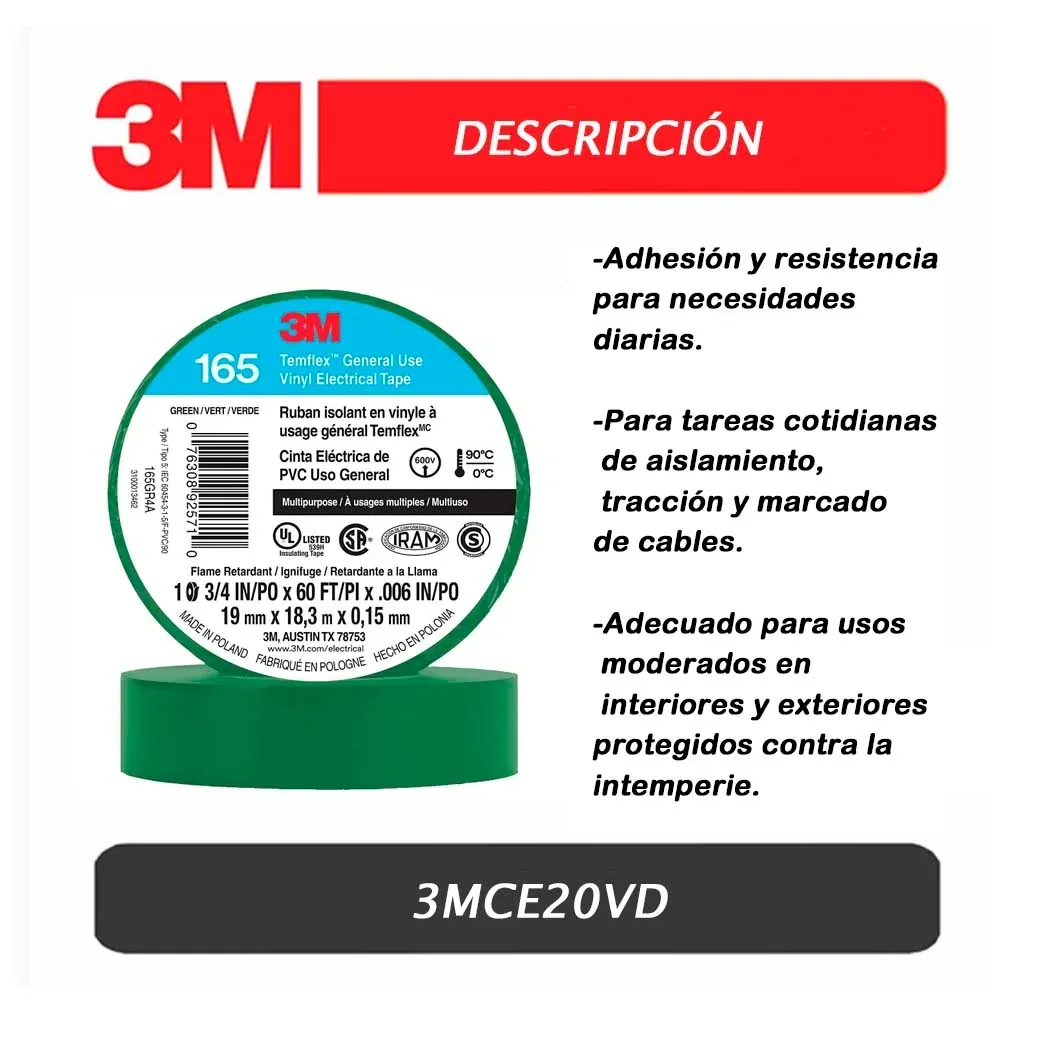 CINTA AISLANTE 3M VERDE 1700 - 20 YARD X 19MM