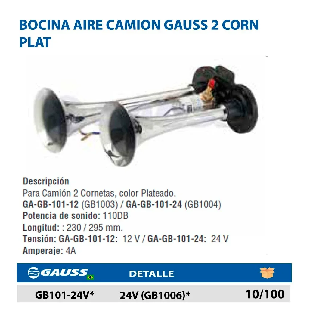 BOCINA AIRE CAMION GAUSS 2 CORN PLAT 24V (GB1006)*