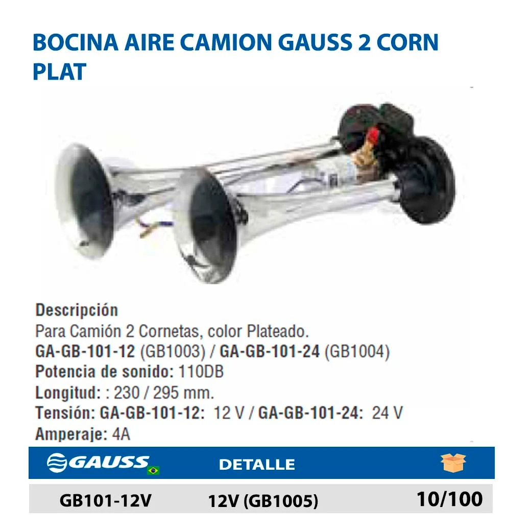 BOCINA AIRE CAMION GAUSS 2 CORN PLAT 12V (GB1005)