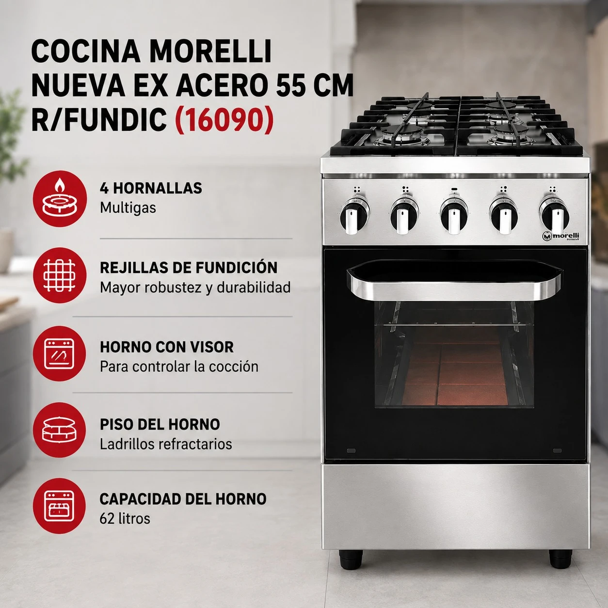 COCINA MORELLI NUEVA EX ACERO 55 CM R/FUNDIC (16090)