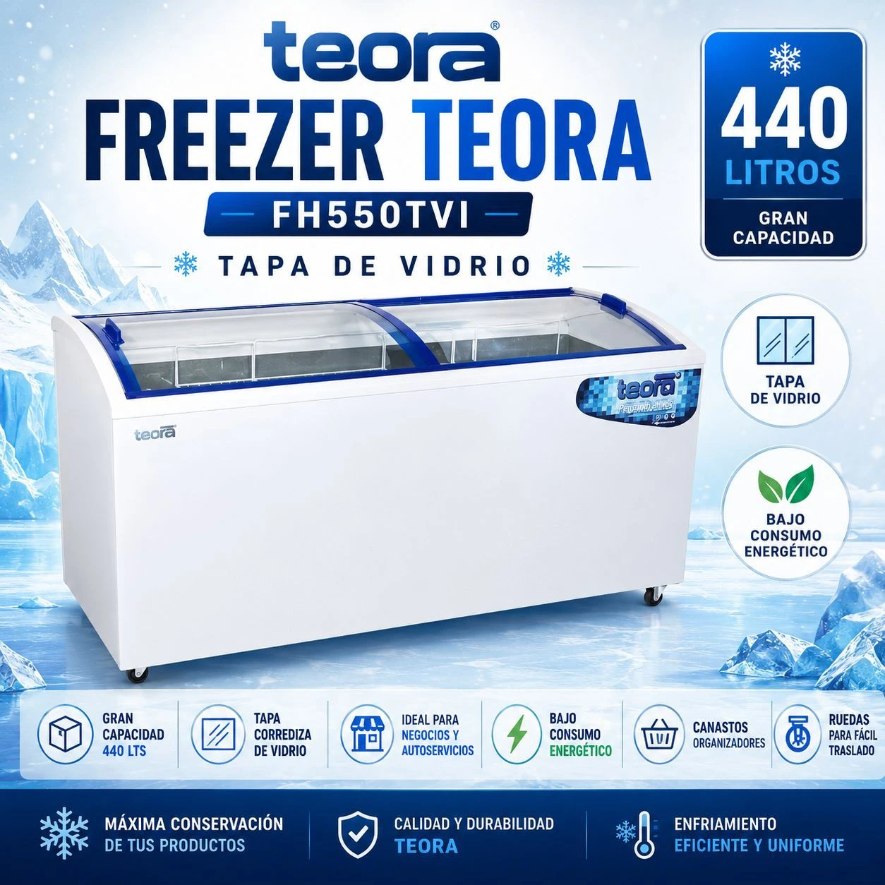 Freezer Exhibidor Teora Fh550 440 lts tapa de vidrio
