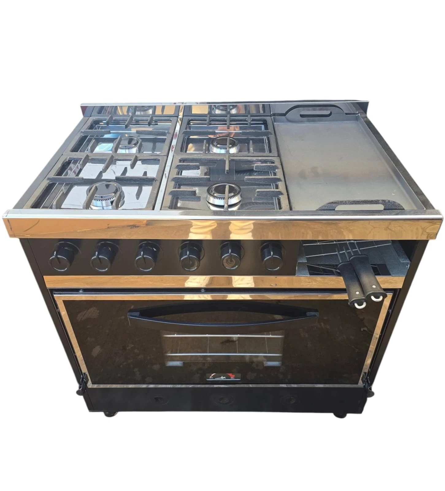 COCINA INDUSTRIAL MULTIROSARIO 4HORNALLAS C/PLANCHETA Y CARLITERO T/VIDRIO 82CM NEGRO