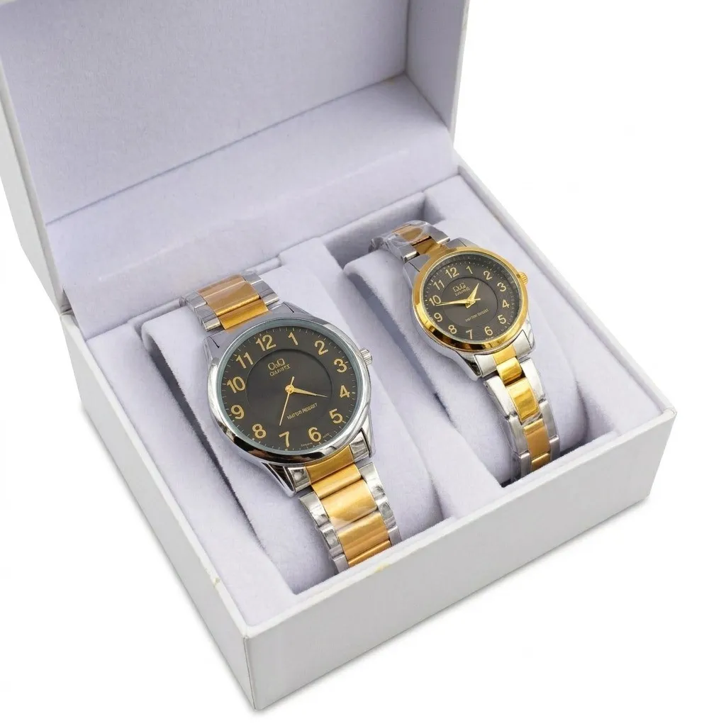 Pareja De Relojes Q&Q Original Acero Analoga Bicolor Fondo Negro