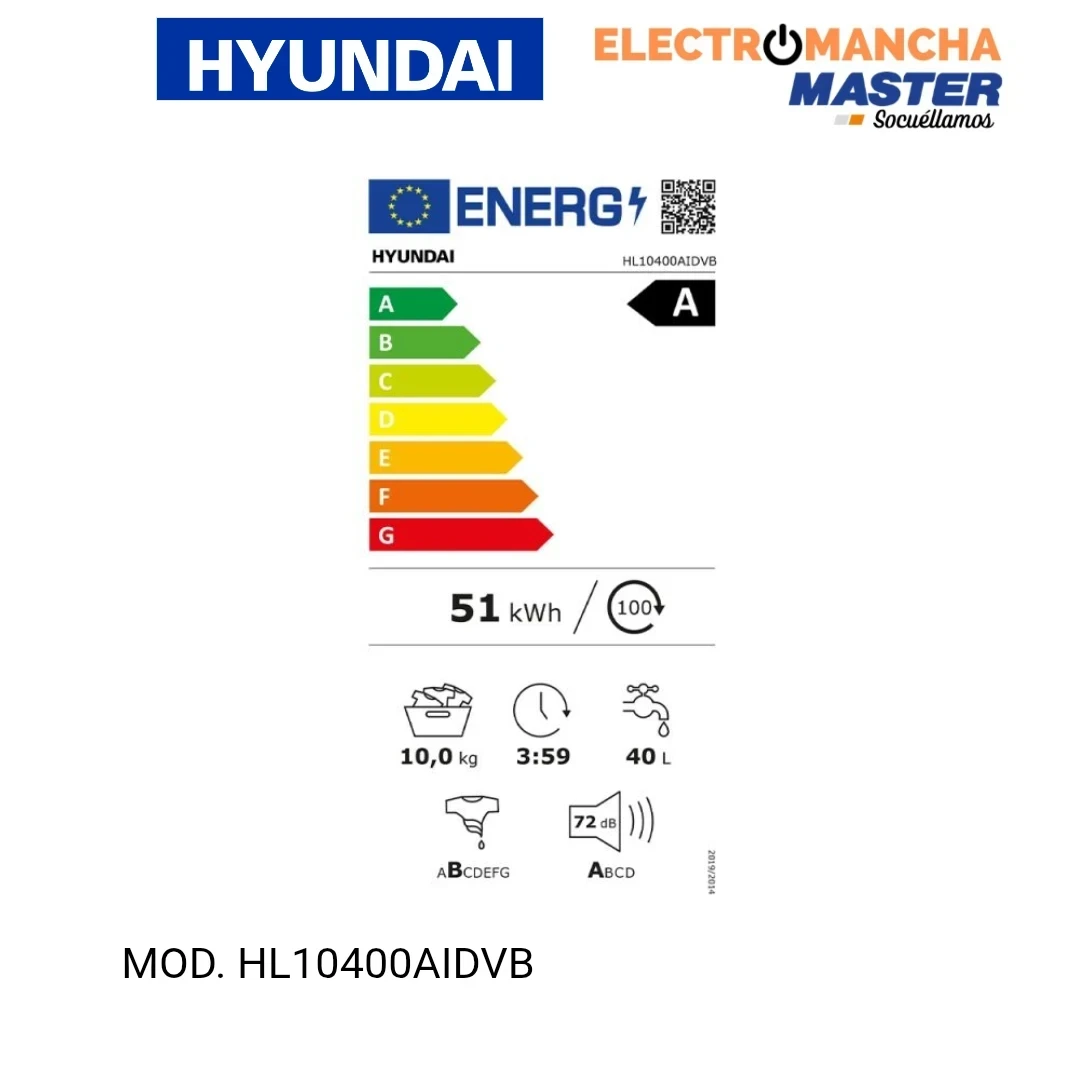 LAVADORA HYUNDAI HL10400AIDVB 10 KILOS 1400 RPM. A  8