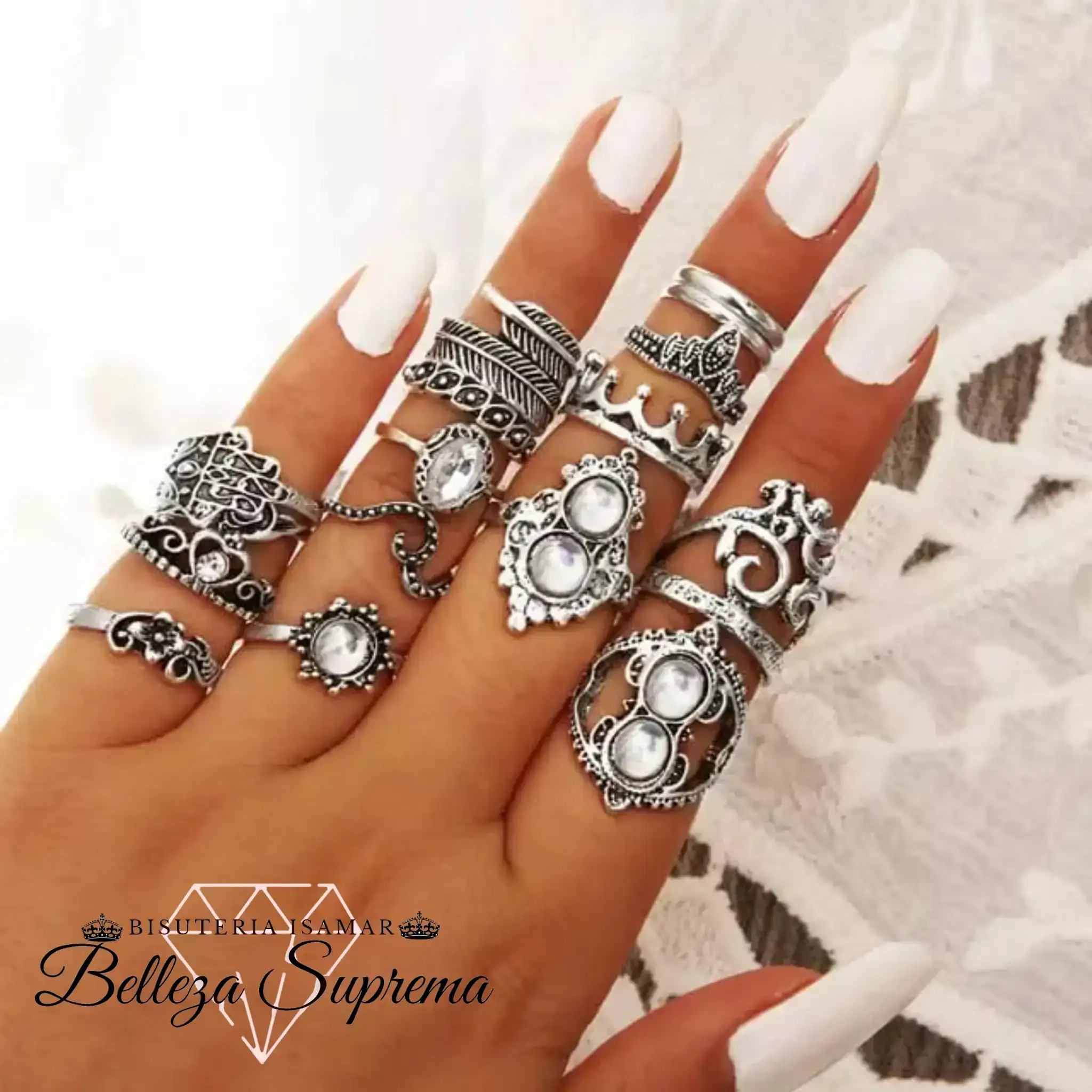 SET DE 16 ANILLOS EN PLATA QUEMADA