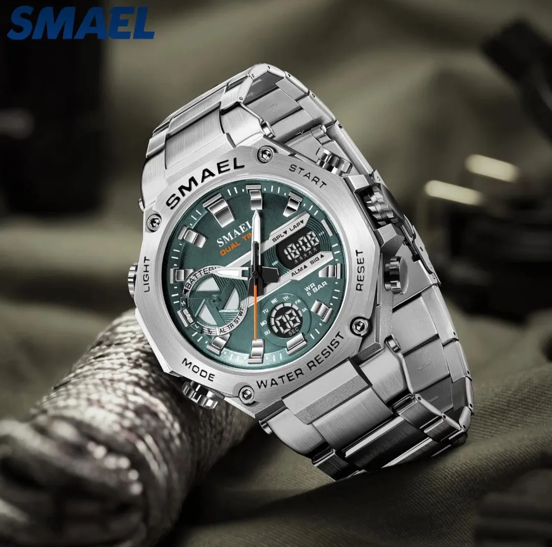Reloj Smael Original Acero Doble Hora 8097 Sumergible Plateado Fondo Verde 3