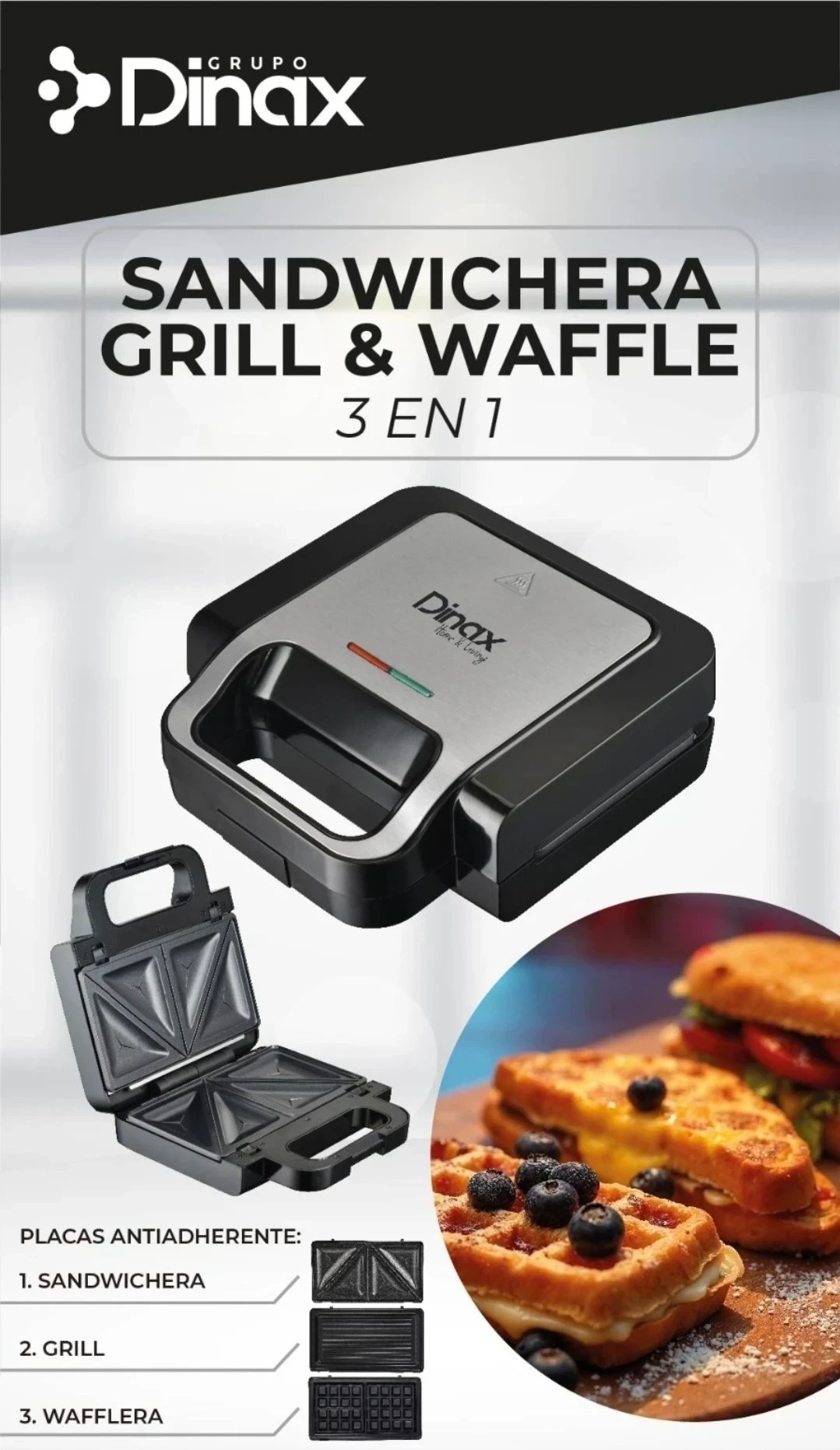 Sandwichera 3 en 1, waflera Dinax