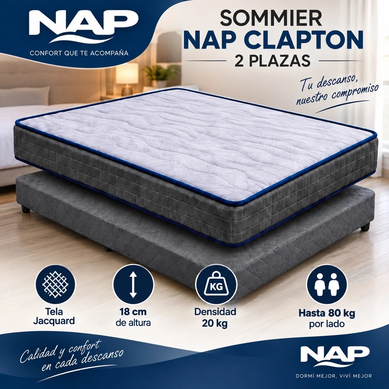 SOMMIER 2 PLAZAS CLAPTON + 2 ALMOHADAS DE REGALO 