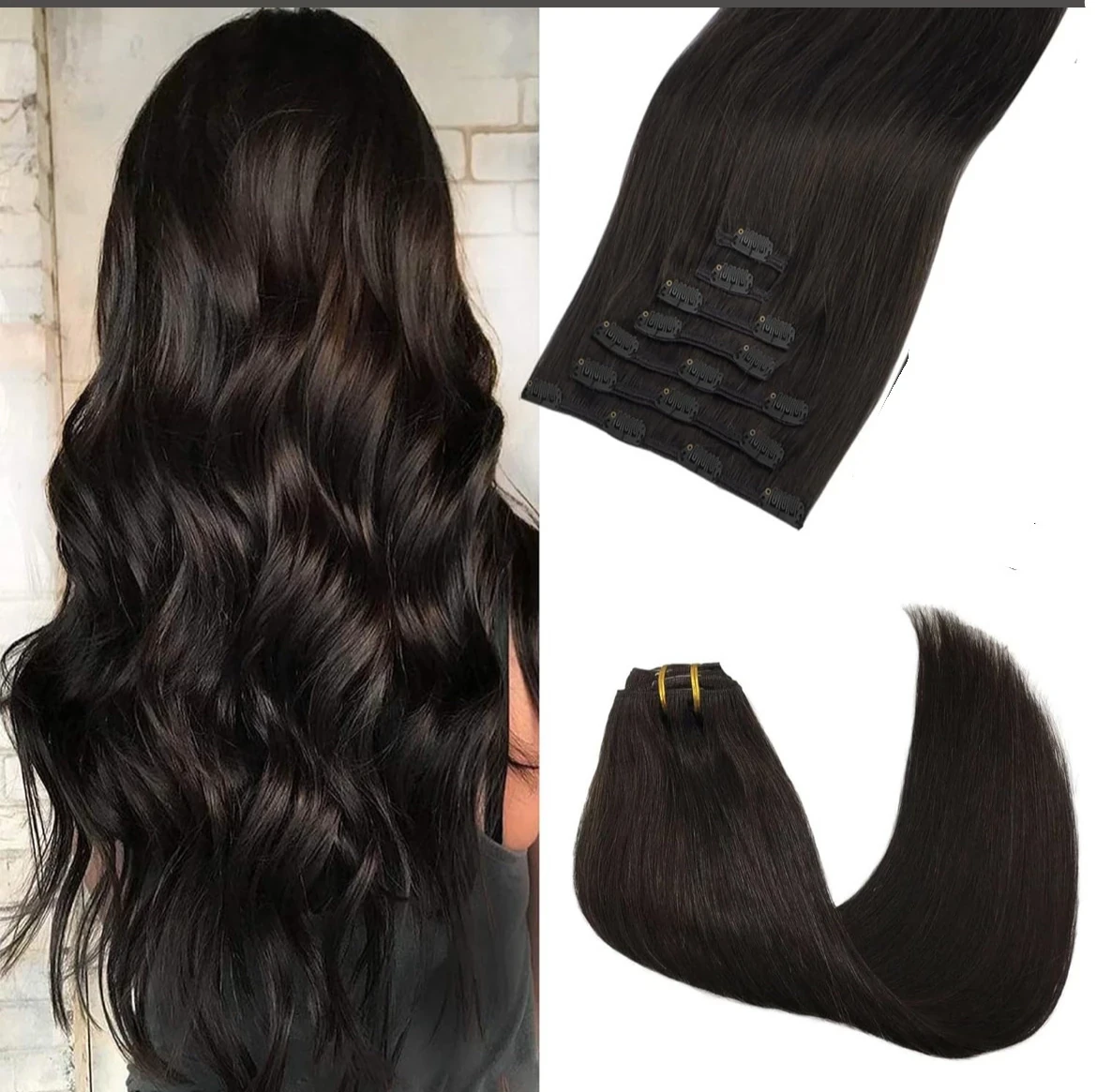   Extensiones de cabello humano natural y real con clio, Remy, 24 pulgada,(120 g), 7 unidades, castaño oscuro 2