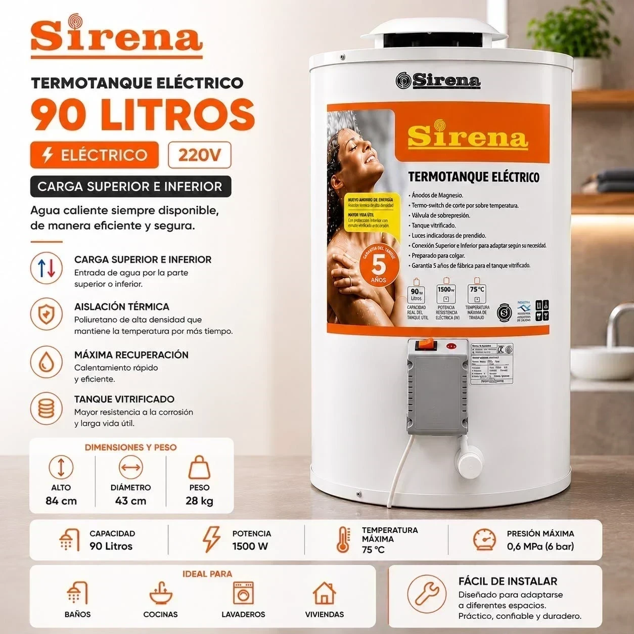 Termotanque eléctrico Sirena 90 lts 