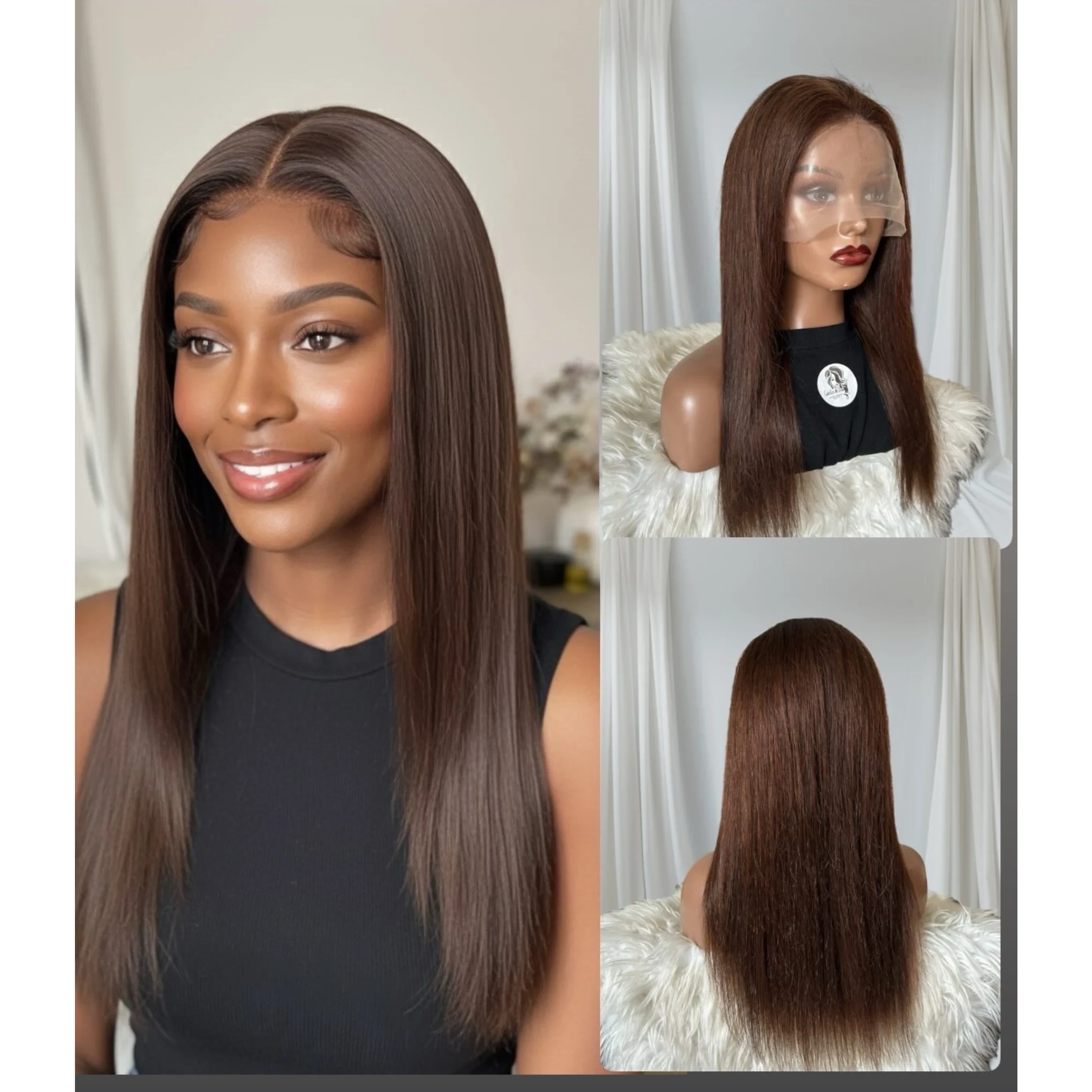 Peluca de cabello humano chocolate , 22 pulgadas, frontal lace 13x5, 180% de densidad 