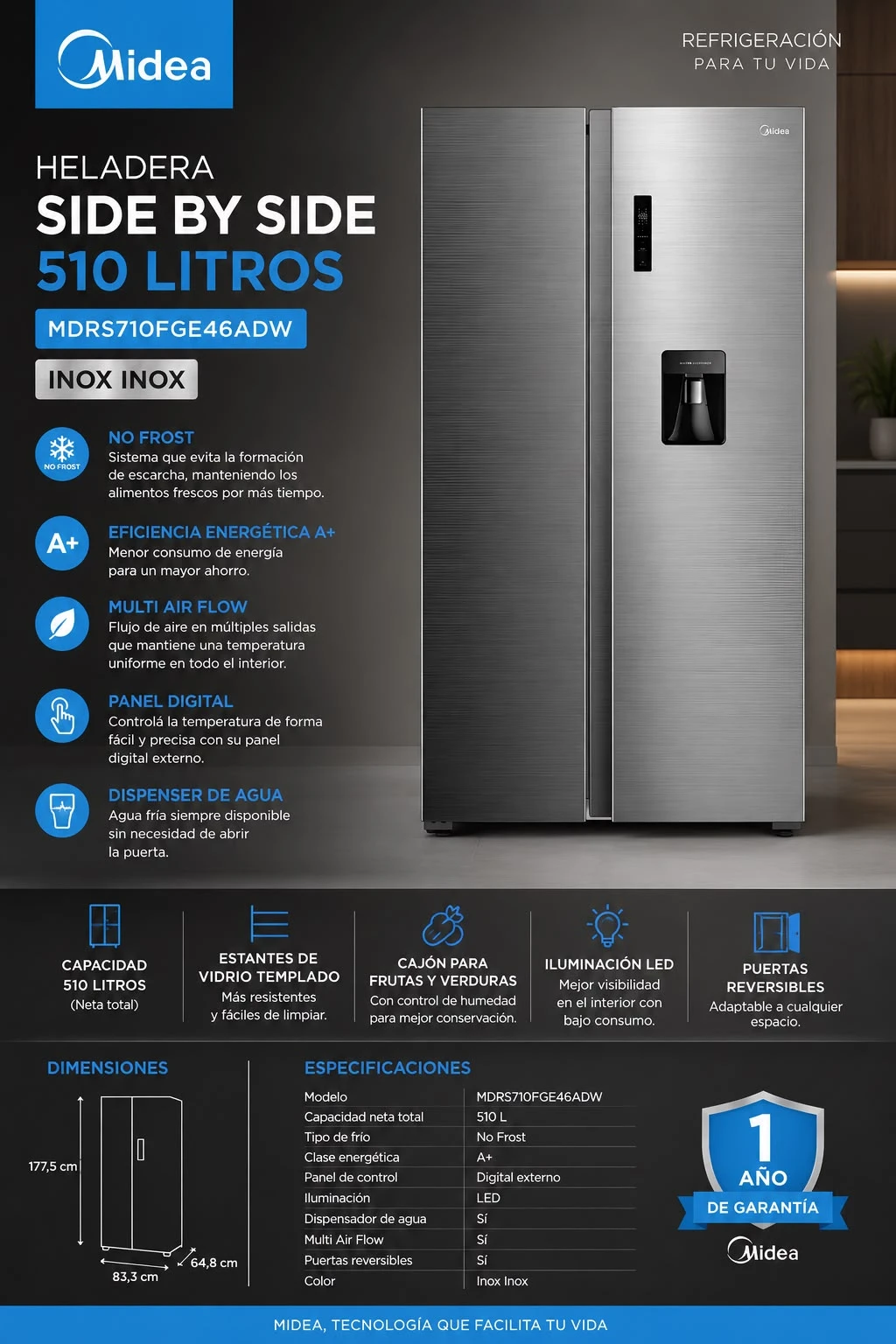 HELADERA MIDEA SIDE BY SIDE 510 LITROS INOXIDABLE MDRS710FGE46ADW NO FROST