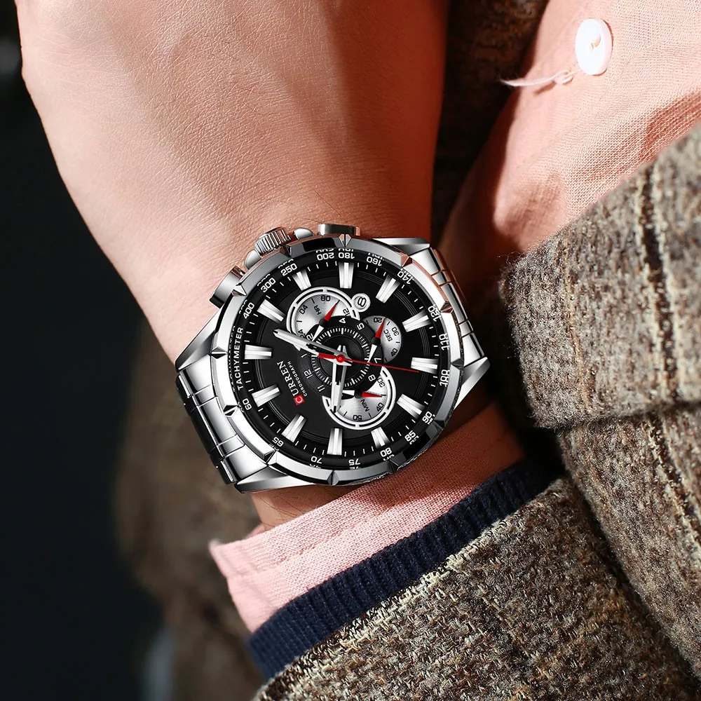 Reloj Curren Original Acero Cronografo 8363 Plateado Fondo Negro 3