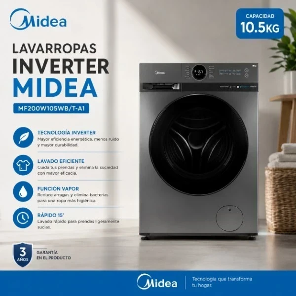 LAVARROPAS MIDEA 10.5 KG INVERTER MF200W105WB SILVER 1400RPM