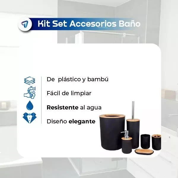 Set De Accesorios De Baño 6 Piezas En Bambú Elegante Color Negro Waggs Accb07