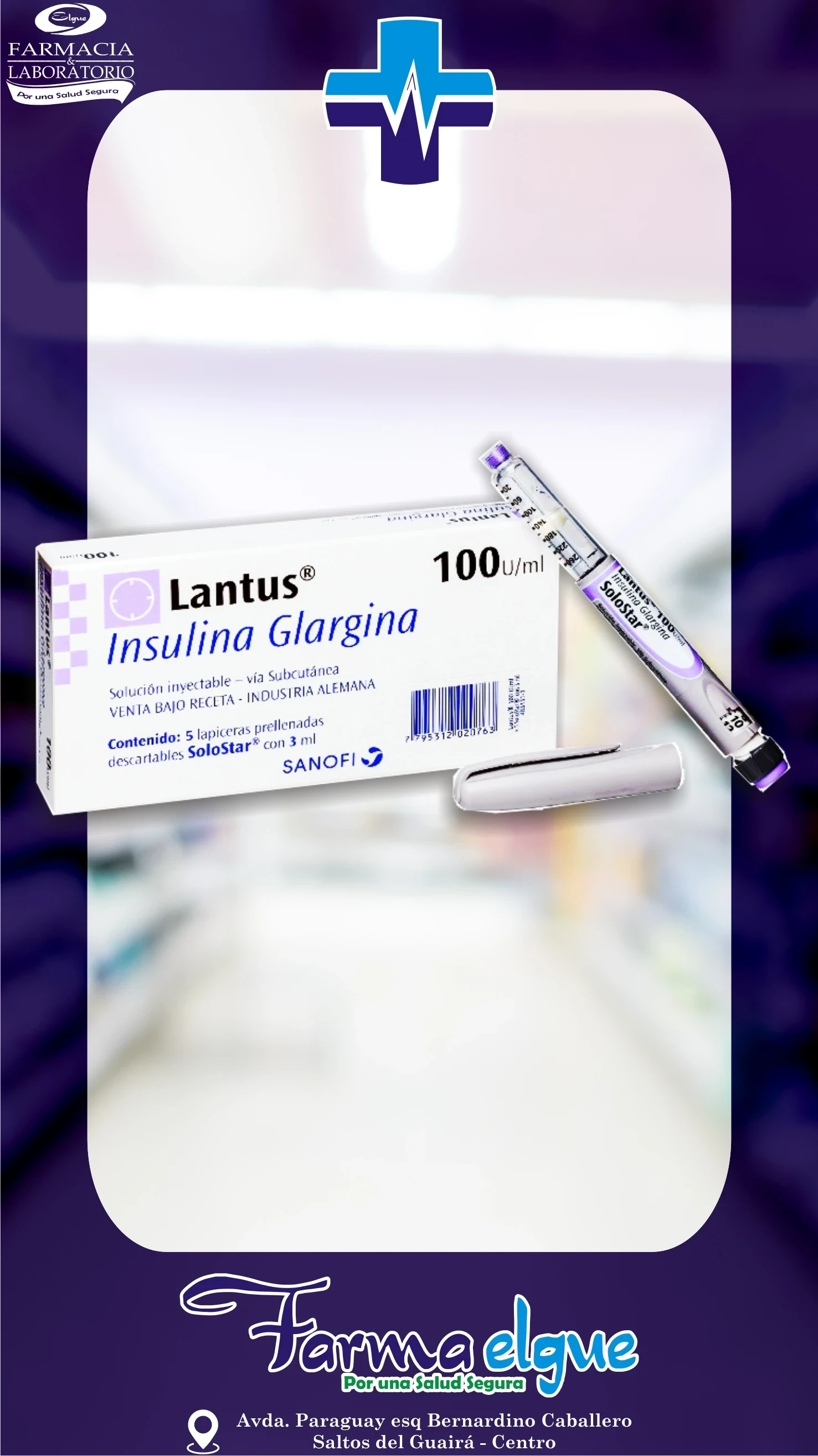 Lantus 100 mL Insulina Glargina - 1 lapicera prellenada de 3 mL