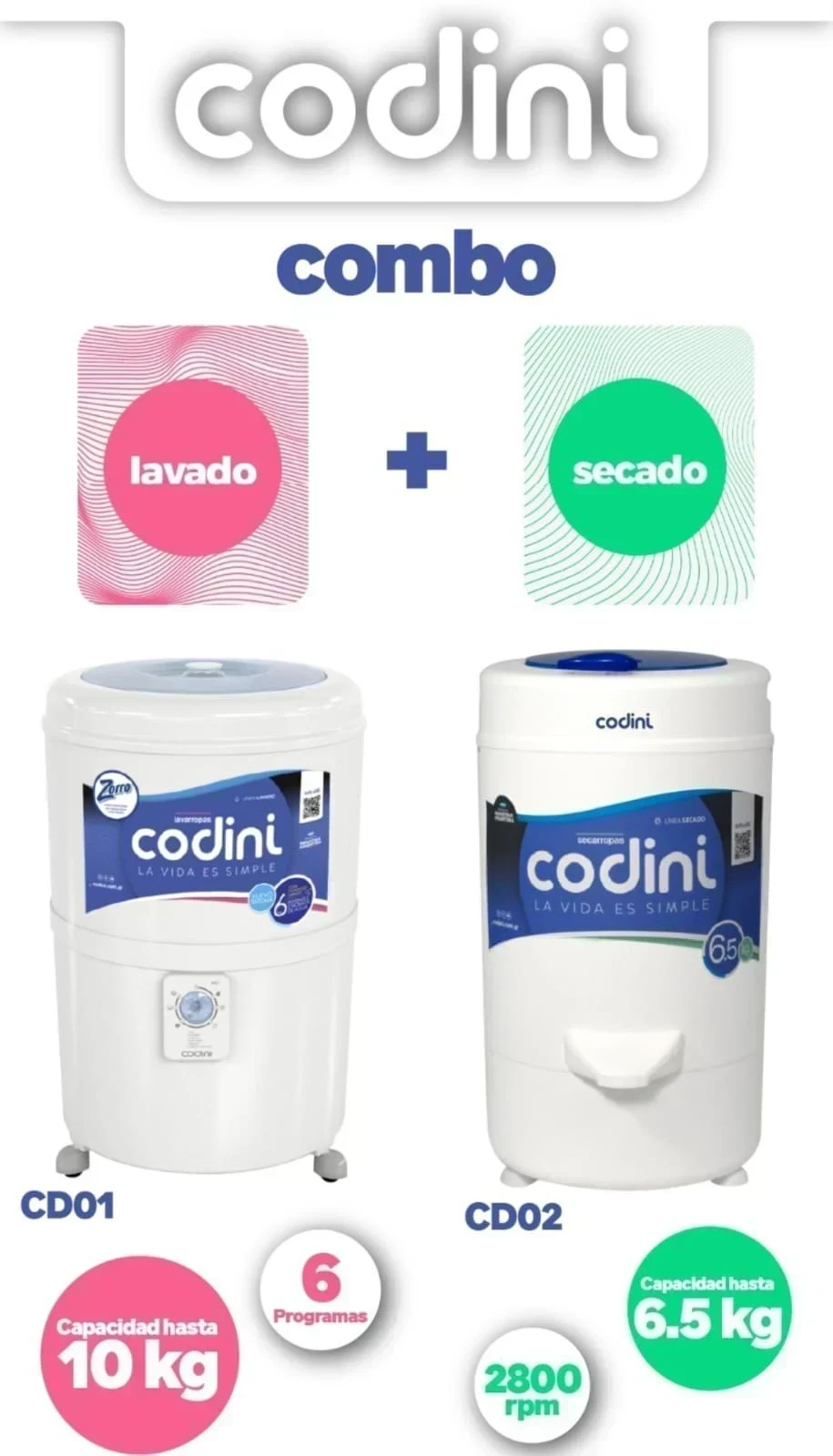 COMBO CODINI LAVARROPAS 10kg Y SECARROPAS 6kg