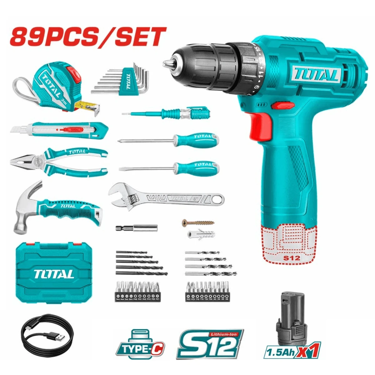 TOSLI231003-THKTHP10892 Taladro percutor 20v + taladro 12v + 89 herramientas total 6