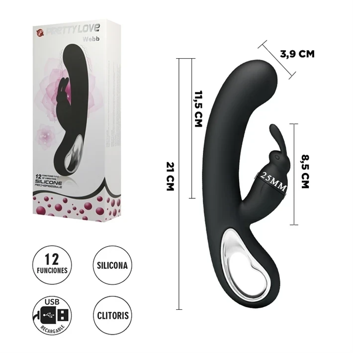 Vibrador 12 funciones con estimulador de clitoris y recarga USB