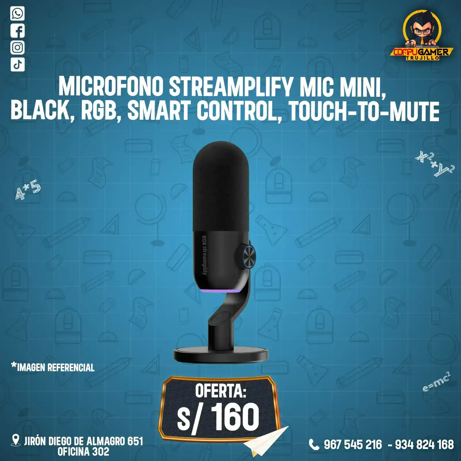 MICRÓFONO STREAMPLIFY MIC MINI, RGB, SMART CONTROL, TOUCH TO MUTE