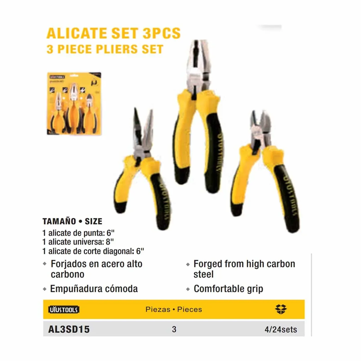SET ALICATES de 3 pz D-15 UYUST UNIV 8" CORT 6" PUNT 6"