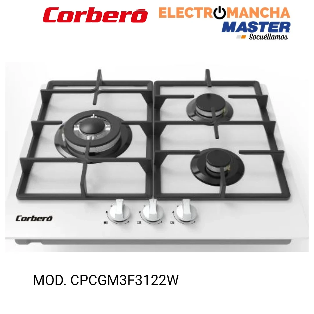 PLACA GAS CORBERO CPCGM3F3122W CRISTAL BLANCO 3 FUEGOS BUTANO 2