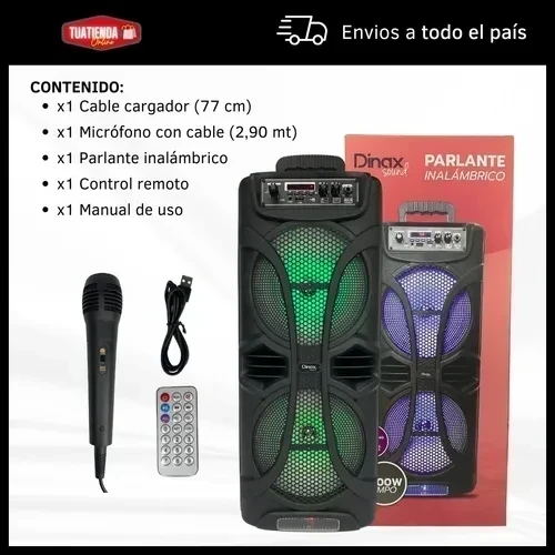 PARLANTE DINAX 1200W CON LUCES LED, MICRÓFONO Y CONTROL REMOTO 5