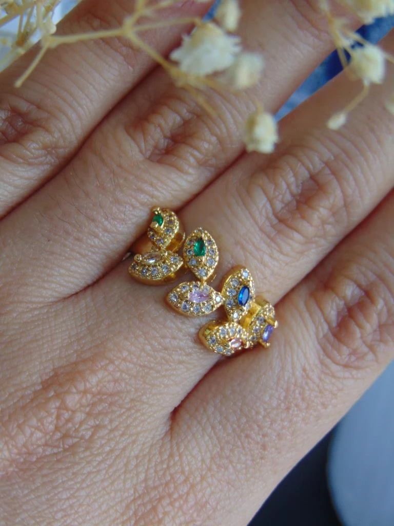 ANILLO ACERO DOR MINI HOJAS COLORS  2