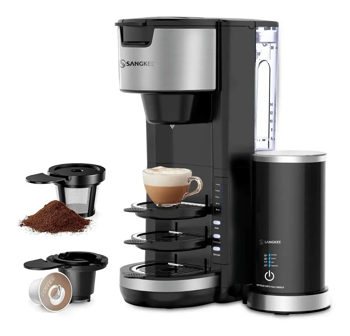 Cafetera más espumador de leche 6 en 1 para cápsulas K-CUP y para cafe molido 