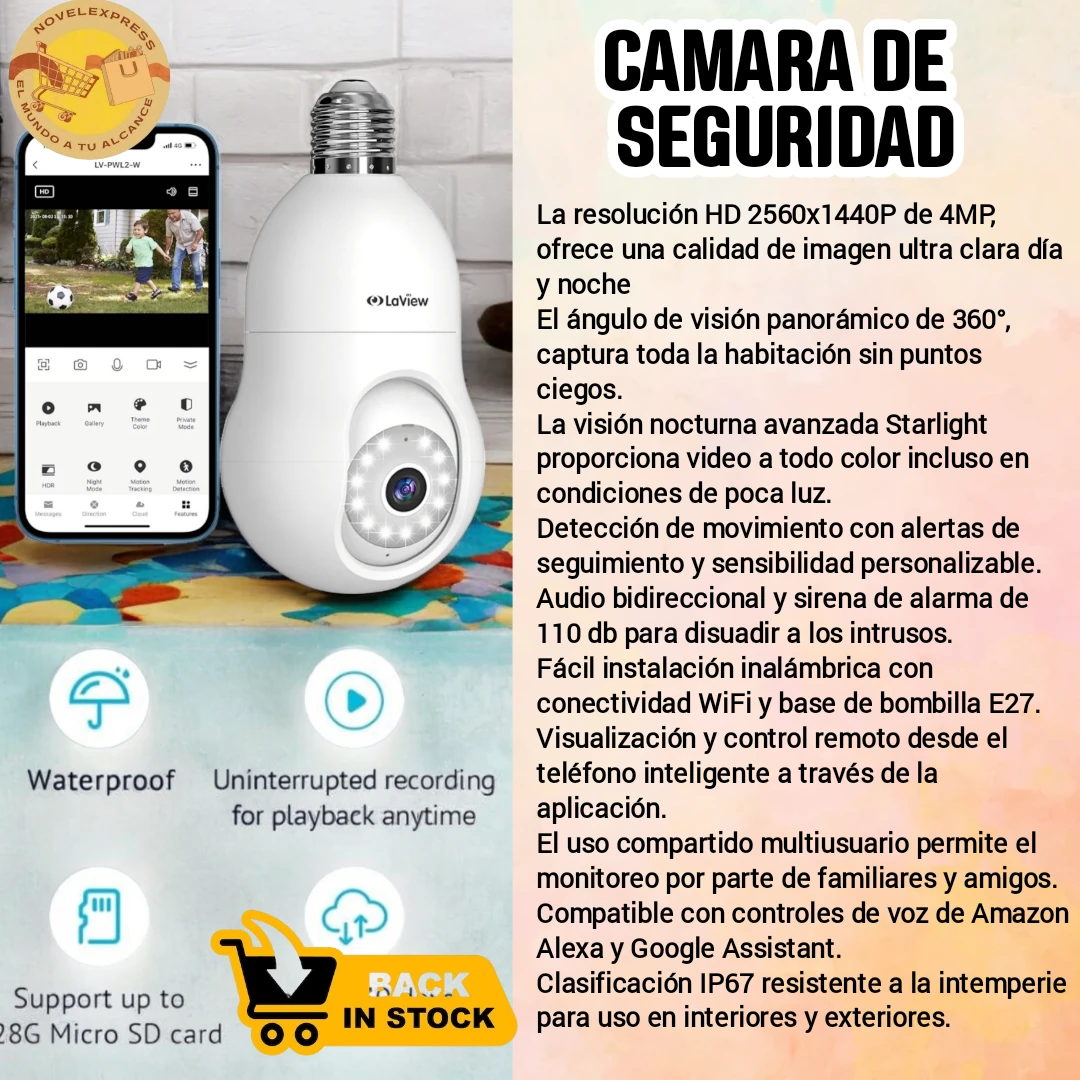 Cámara de seguridad con bombilla de 4MP 2.4GHz.