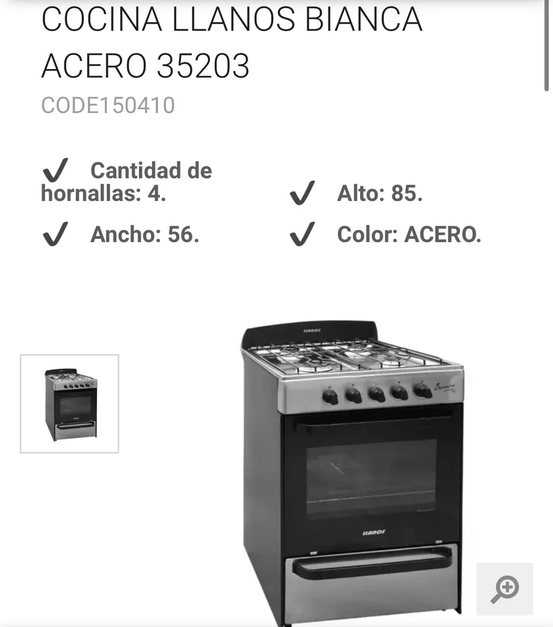 Cocina Llanos Bianca Negro C/Inox. Gas Nat. 56Cm. 2