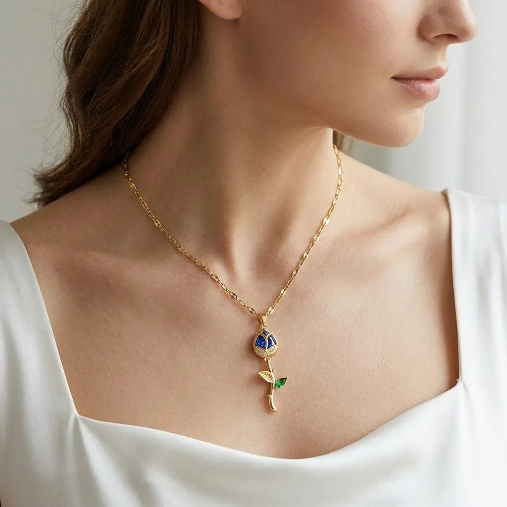 Cadena Y Dije En Acero Con Piedra Circon De Tulipan Azul 2