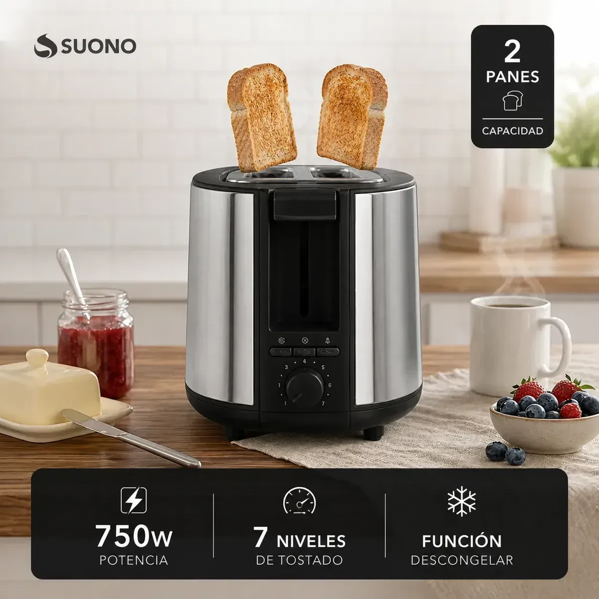 Tostadora Eléctrica Suono 2 Rebanadas 7 Niveles Descongelar Tostar Desayuno Saludable 750w Negro 2