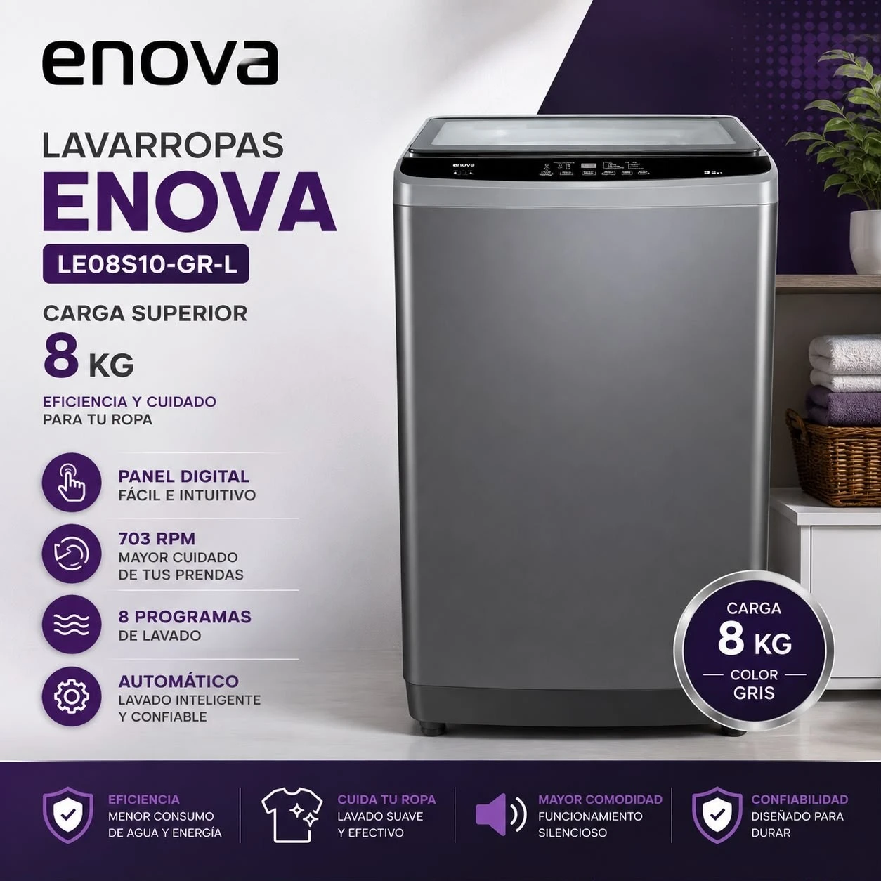LAVARROPAS ENOVA 8KG 700RPM CARGA SUPERIOR