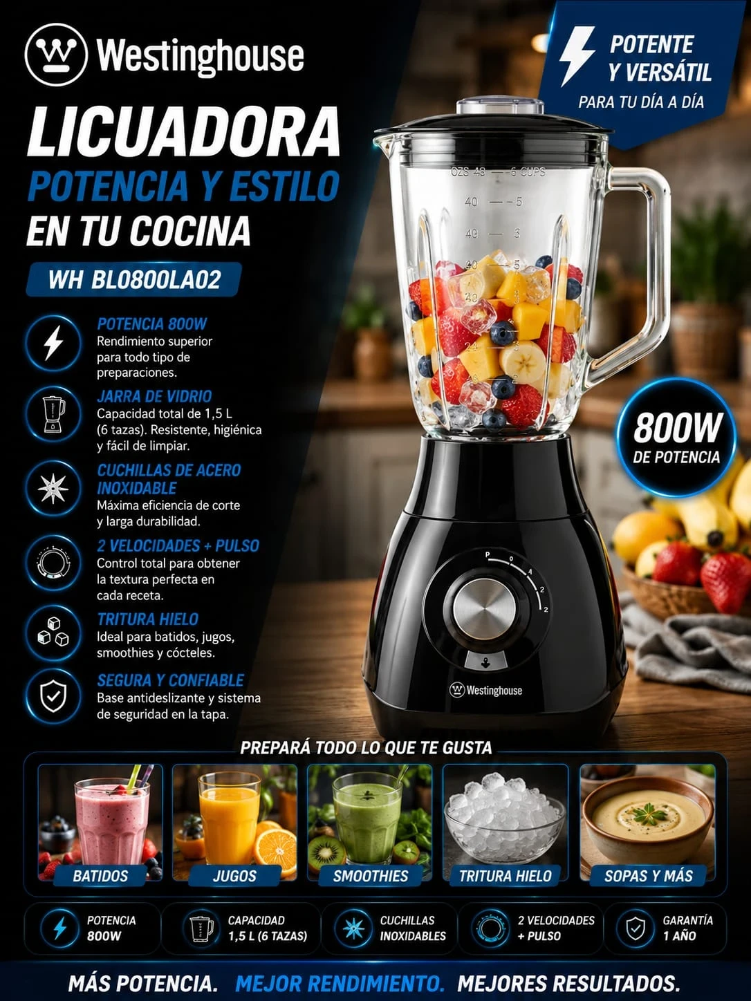Licuadora Westinghouse 1.5LTR Vidrio