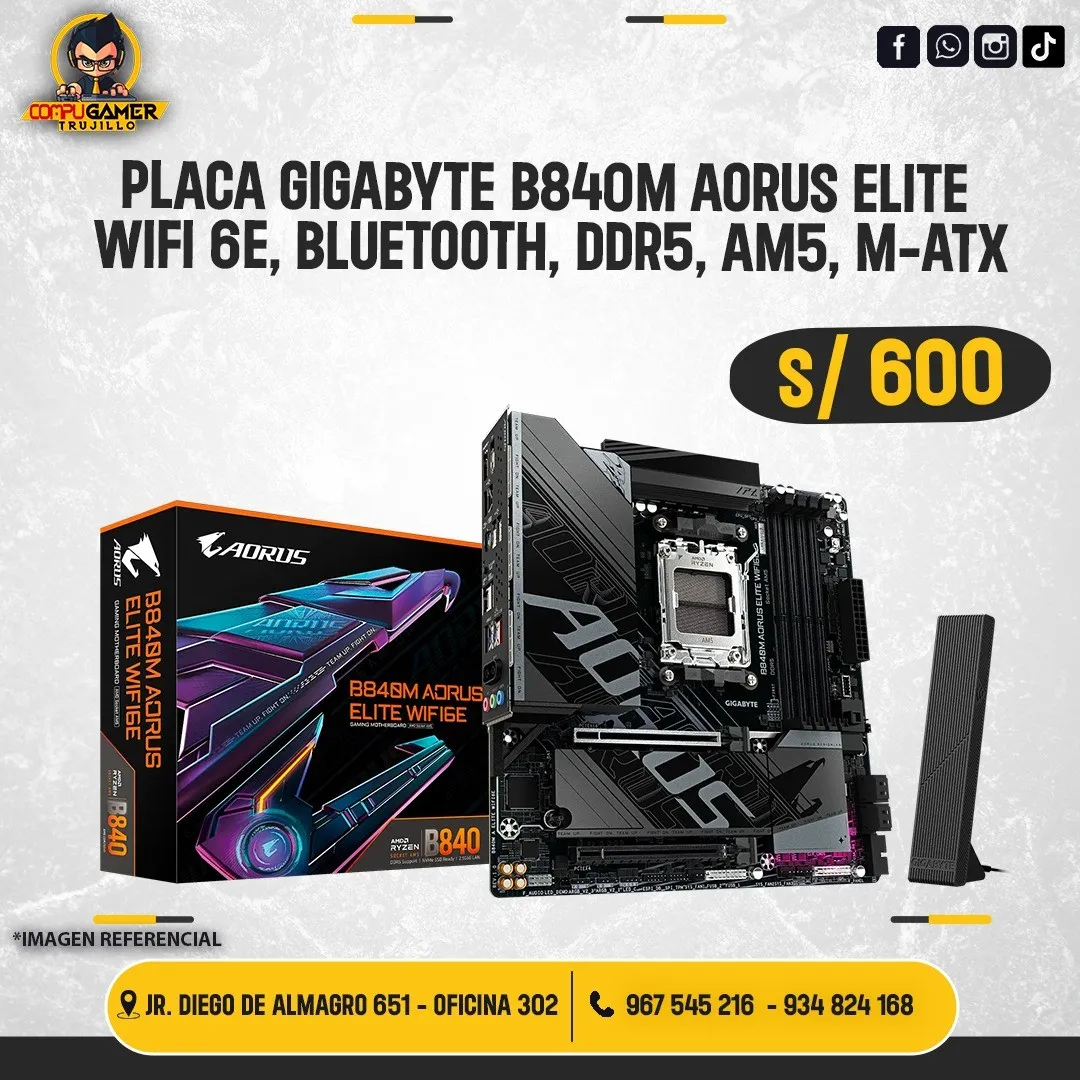 PLACA GIGABYTE B840M AORUS ELITE, WIFI6E, BLUETOOTH, DDR5, AM5, M-ATX 
