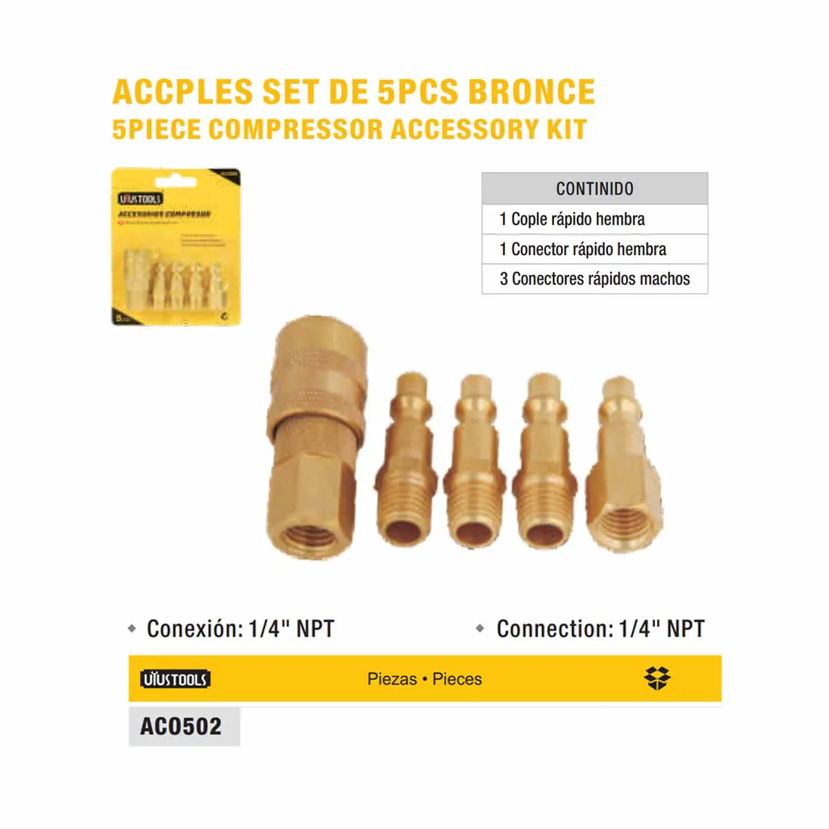 SET ACOPLES COMPRESOR (Bronce) MACHO/HEMBRA UYUST de 5pzs