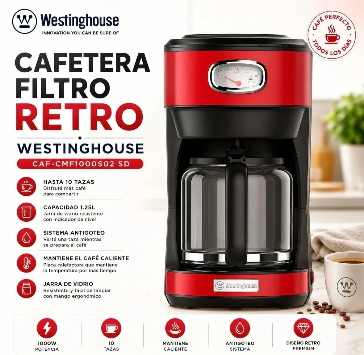 CAFETERA DE FILTRO WESTINHOUSE RETRO CMF1000SO