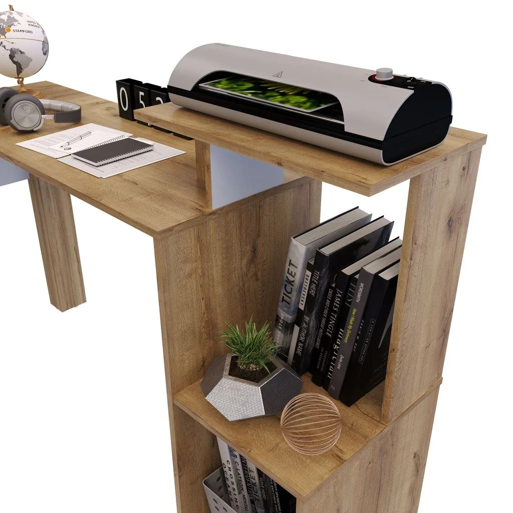 Escritorio en L Natural Con base Impresora  6
