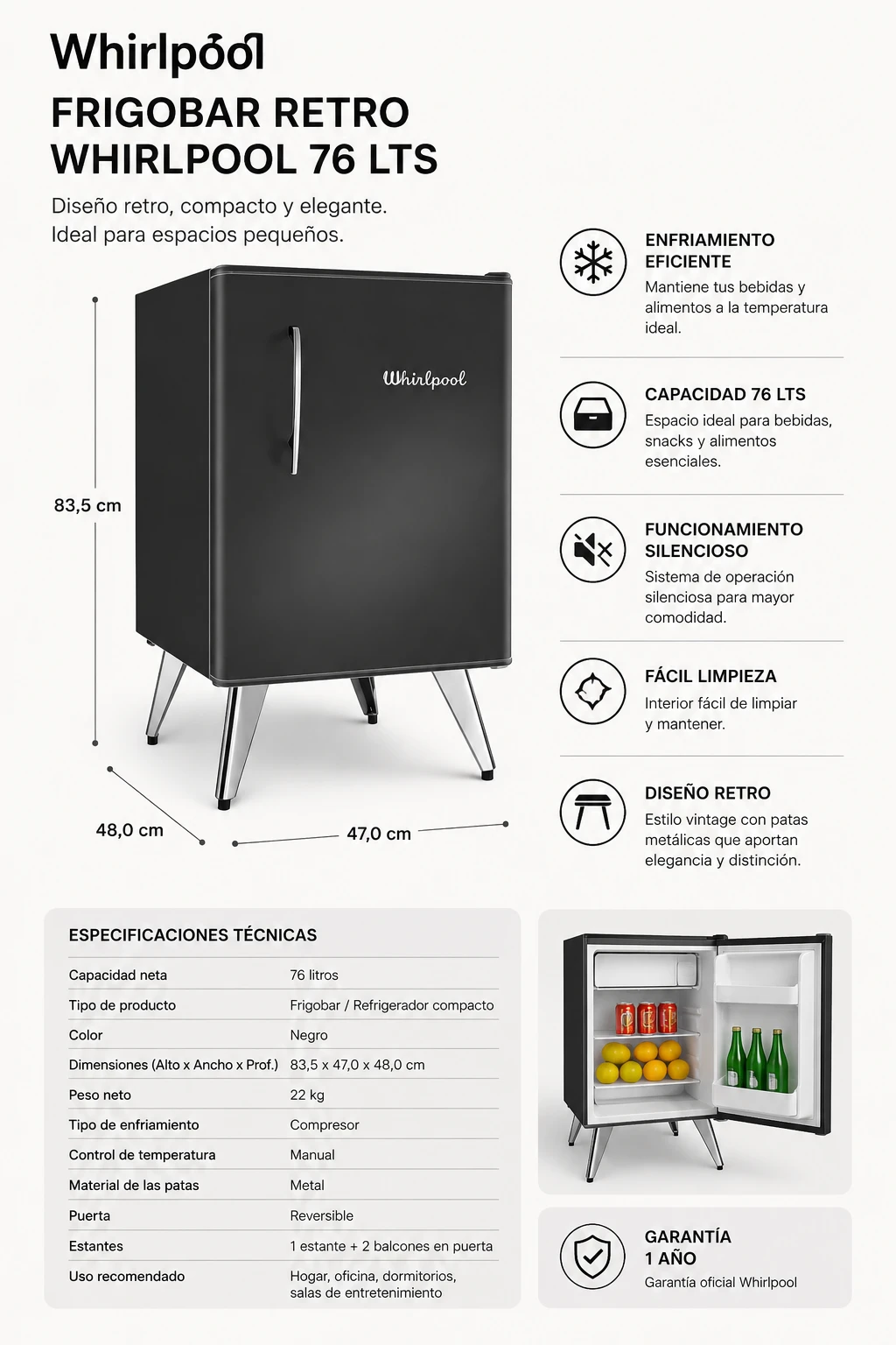 HELADERA BAJO MESADA WHIRLPOOL 76L VINTAGE 