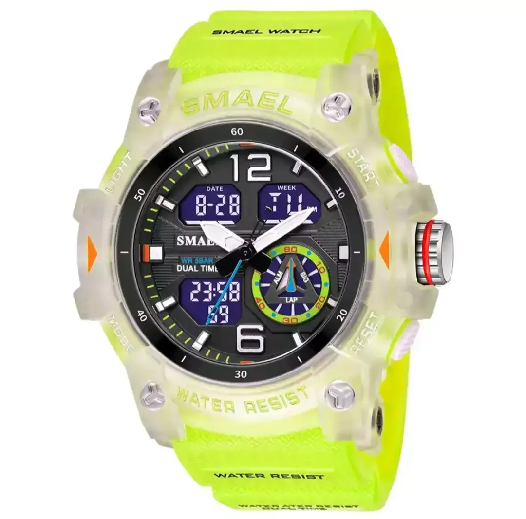 Reloj Smael Original Sumergible Deportivo Doble Hora 8007 Transparente Verde Fluorescente