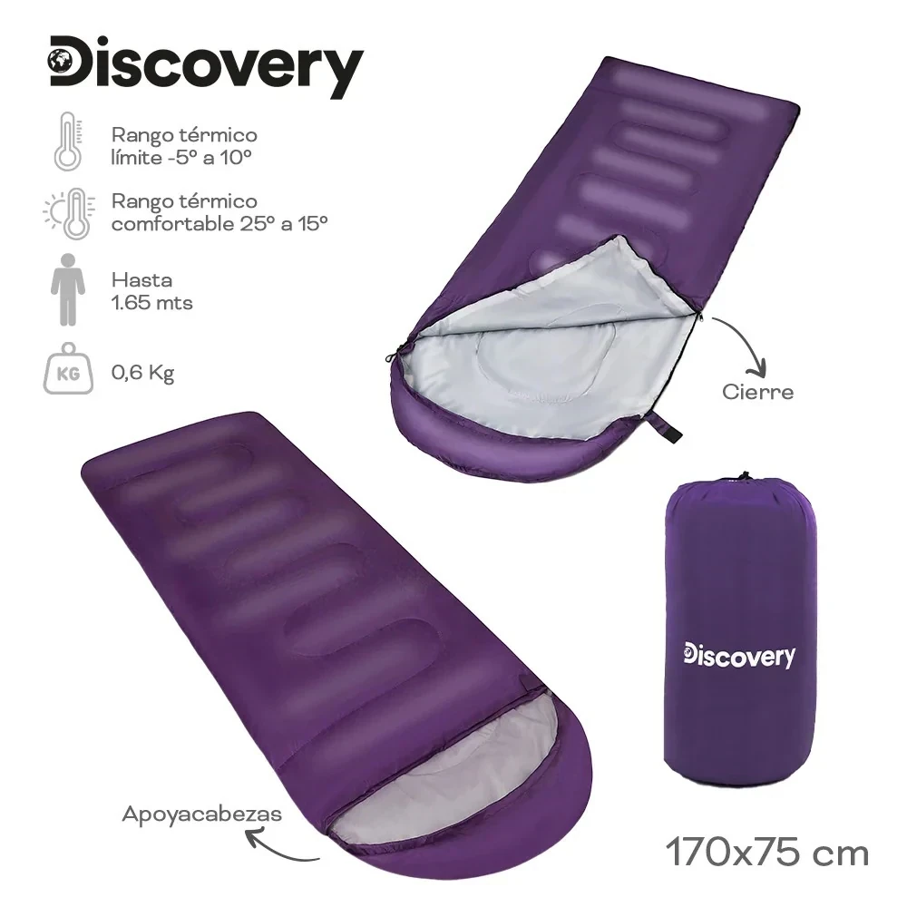 BOLSA DE DORMIR DISCOVERY 170×75 VIOLETA Y ROJA
