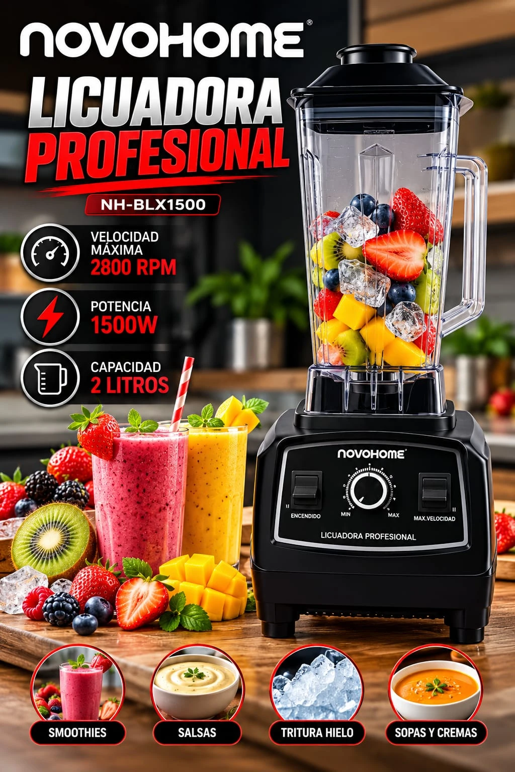 Licuadora Profesional Novohome 2 Lts Negra