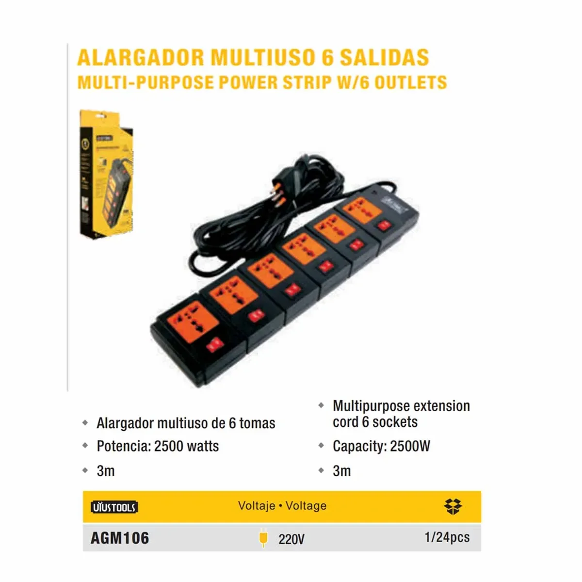 ALARGADOR MULTI UYUST (cortapico) NEGRO 6TOMAS 3M
