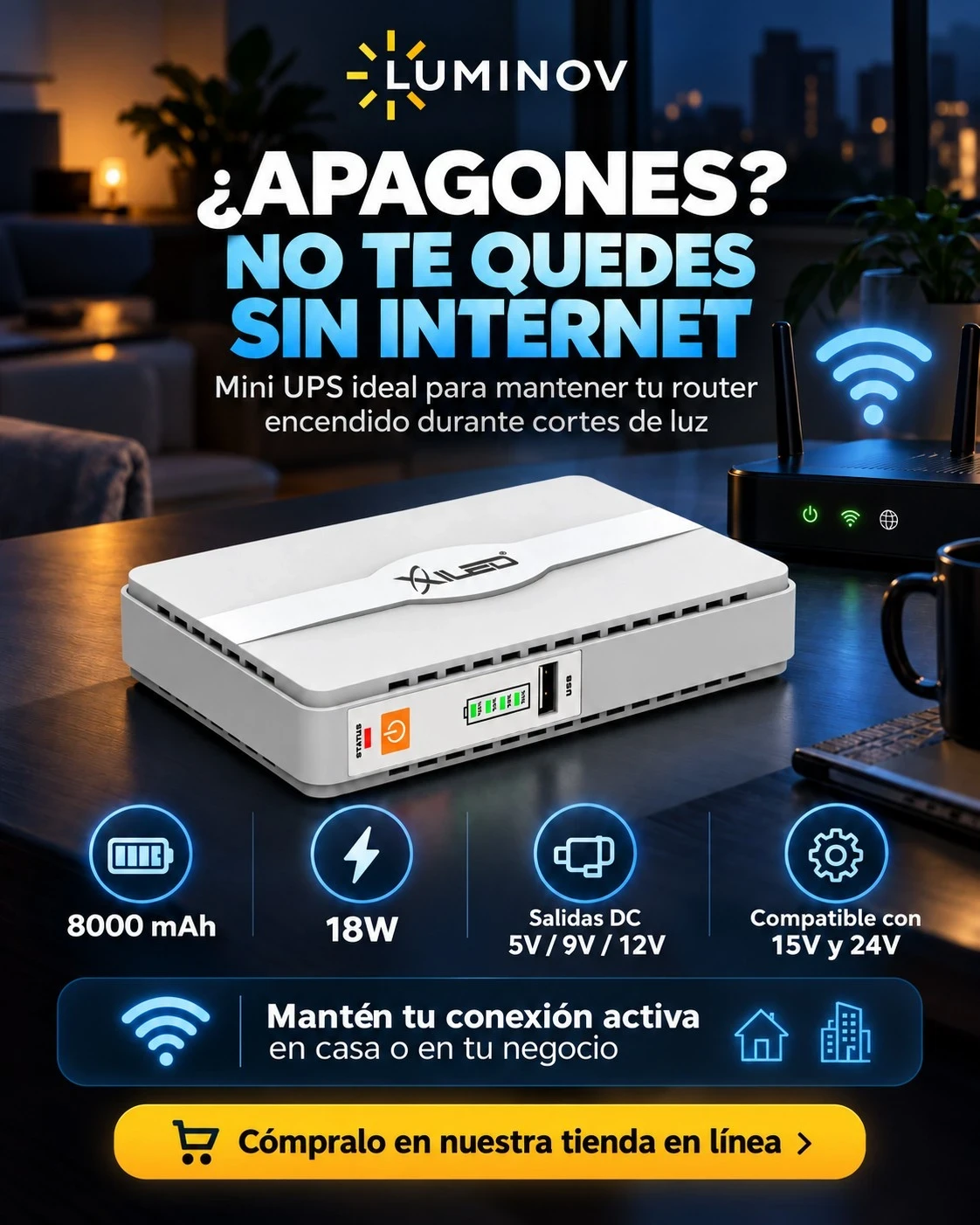 MINI UPS PUERTO DE SALIDA POTENCIA 18W 15V/24V SALIDAS DC 5V/9V/12V BAT INTERNA 8000MAH 2