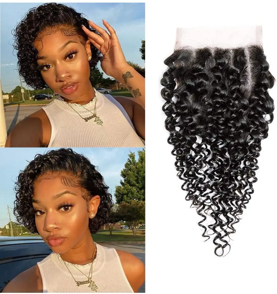 Cabello humano rizado con cierre de encaje 4x4, parte libre, encaje suizo 12A, brasileño, virgen, rizado, cierre de cabello humano negro natural (10 pulgadas)