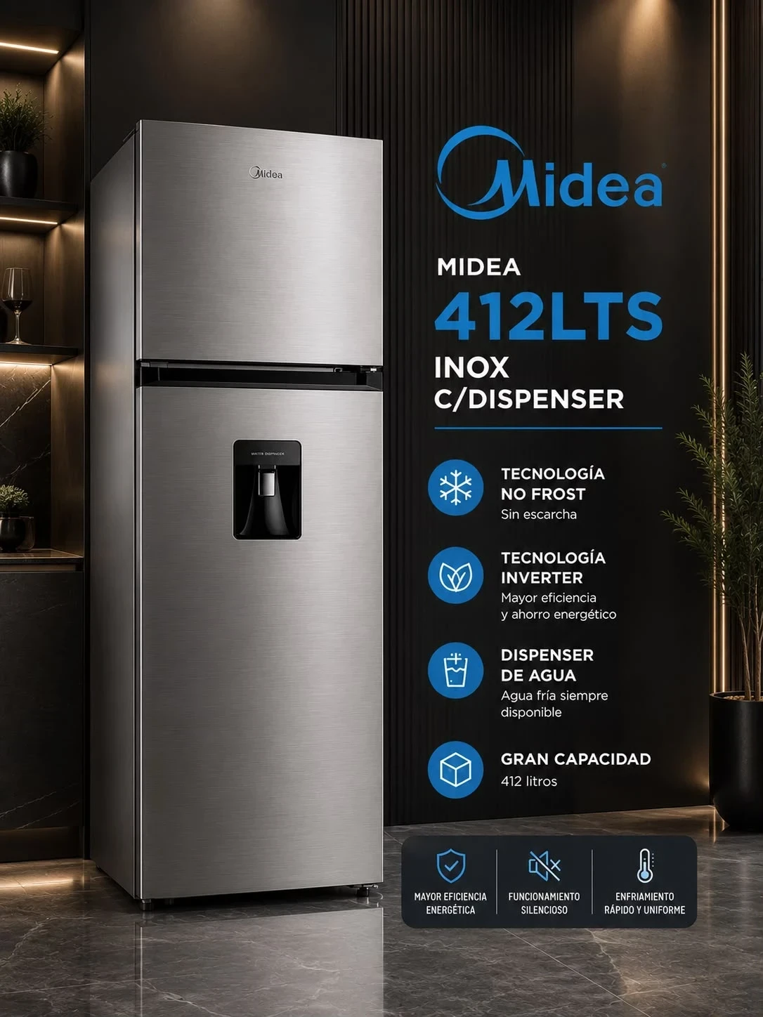 HELADERA NO FROST INVERTER 412LTS MIDEA CON DISPENSER INOX ‼️SOLO POR PEDIDOS ‼️ 