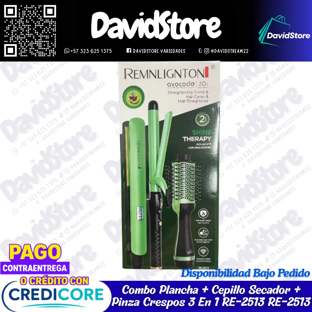 Combo Plancha + Cepillo Secador + Pinza Crespos 3 En 1 RE-2513