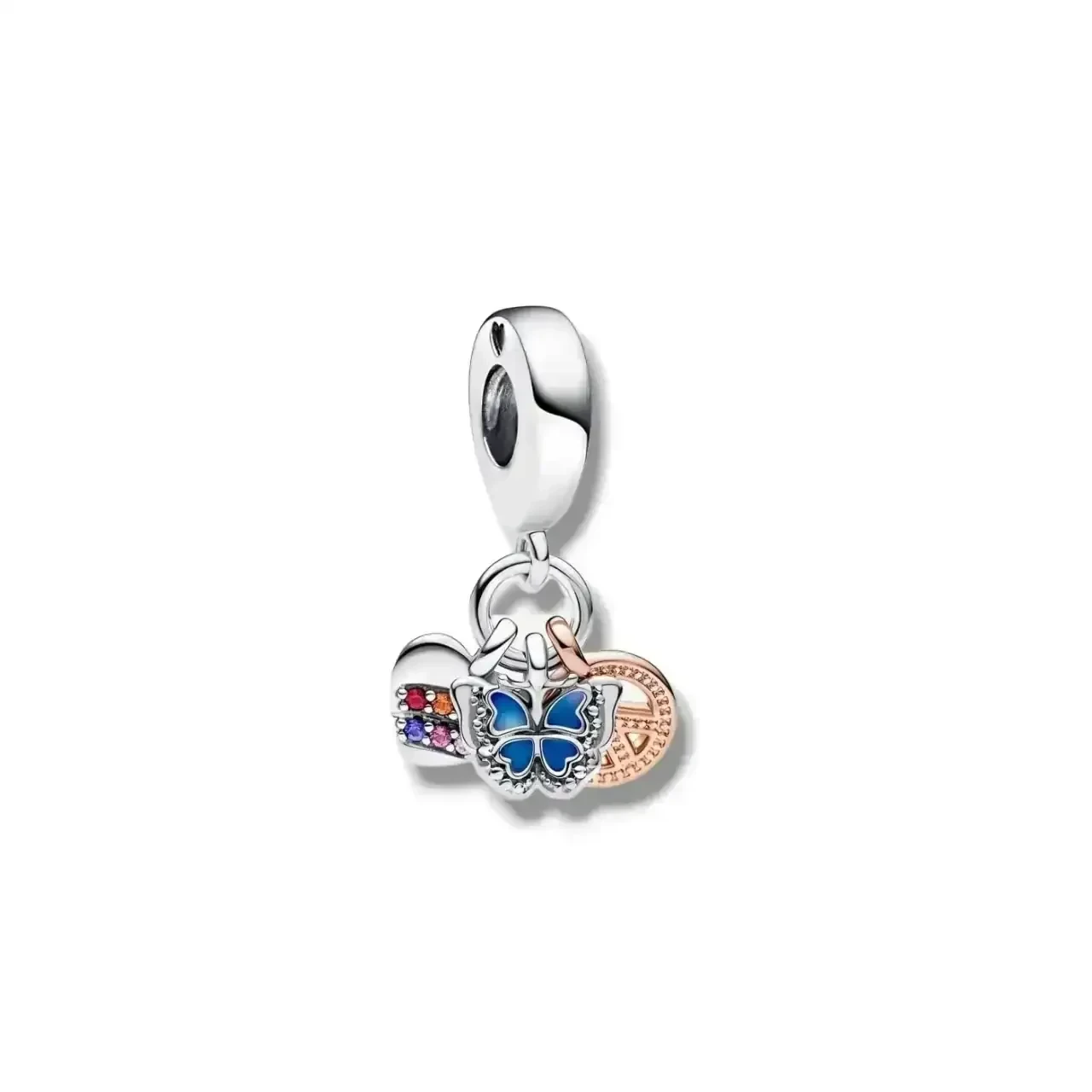 Charm Triple Corazón Arcoiris Mariposa y Paz