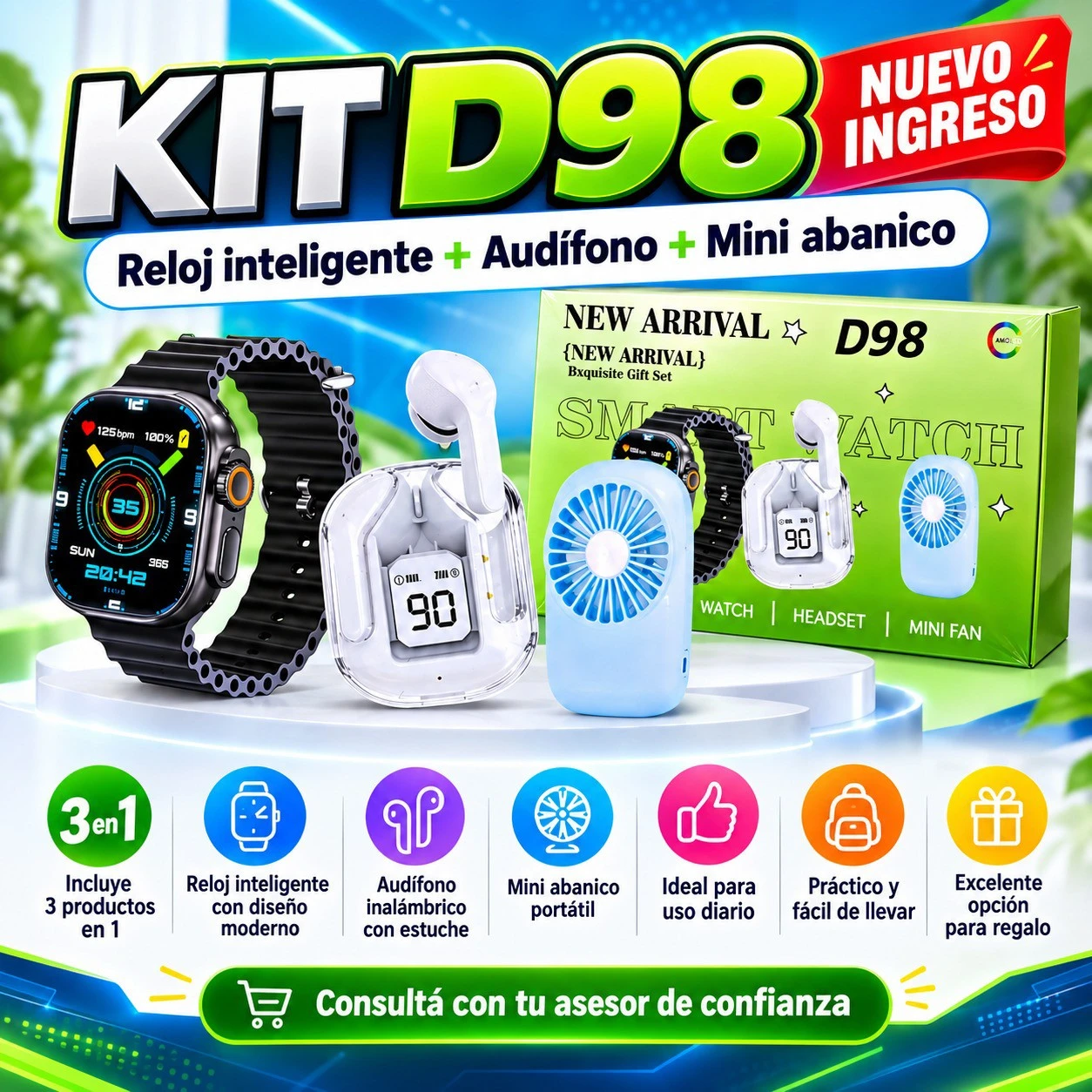 KIT D98 3 EN 1 – RELOJ INTELIGENTE + AUDÍFONO + MINI ABANICO